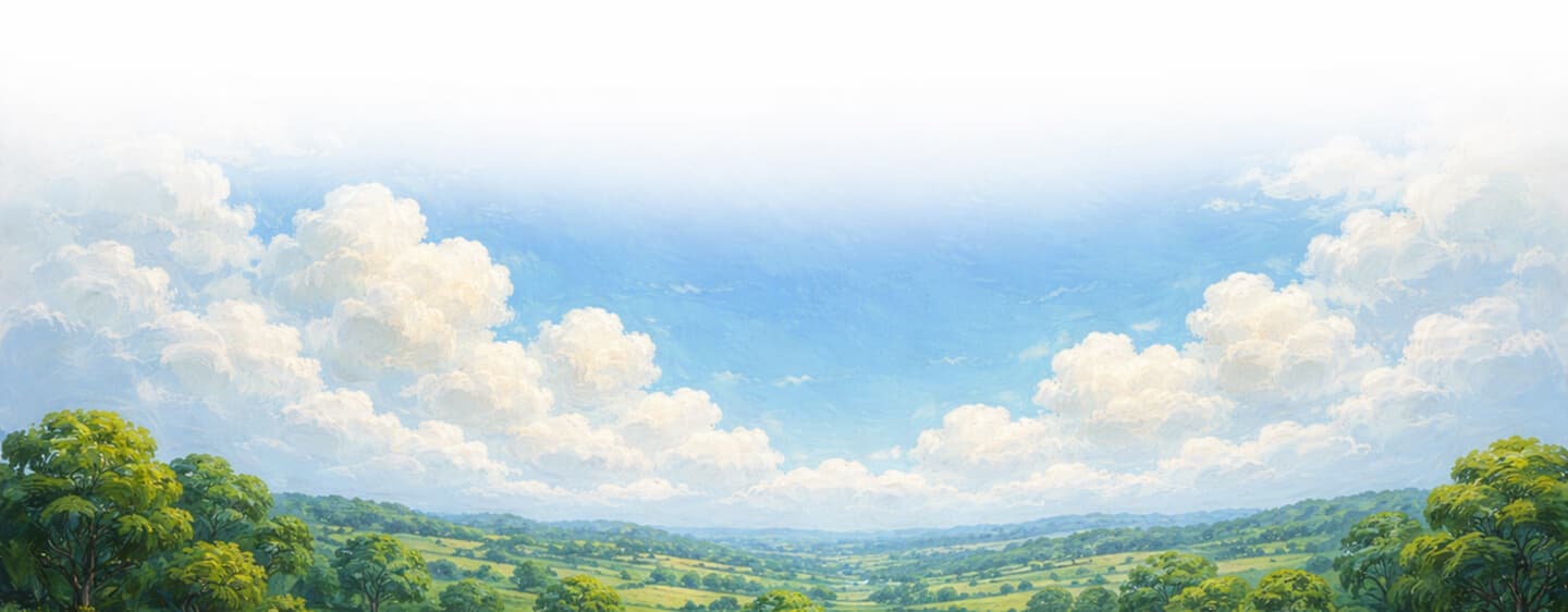 Painted landscape of a green countryside under a bright sky with soft clouds